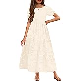 MITILLY Summer Flower Girl Dress Elegant Short Sleeve Crew Neck A-Line Flowy Maxi Dress for Kids with Pockets 6-12 Years