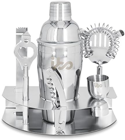 ibo 7 Piece Cocktail Shaker Bar Set Premium Stainless Steel Drink Martini Shaker Bundle - Shaker, Strainer, Jigger, Corkscrew, Ice Tongs, Wine Opener Stand Bonus 150 Cocktails EBOOK Silver Chrome