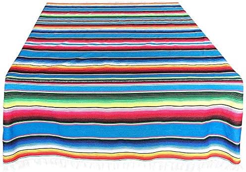 Mexican Serape Cotton Blankets Tablecloth Table Cover for Wedding Home Outdoor Party Decorations, Bright Colorful Fringe Stripe Throws Tapestry Blanket Picnic Mat Rug, Blue 59 x 84 inches