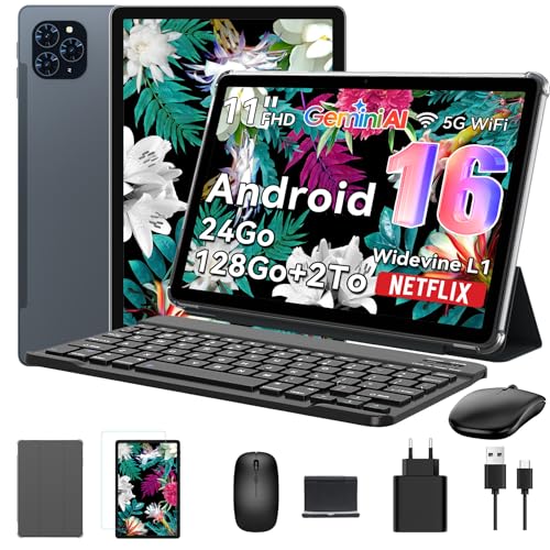 TABWEE T90 11 Inch Android 16 Touch Tablet with Keyboard and Stylus, IA Gemini, 24GB RAM (8+16) 128GB ROM (TF 2TB), Widevine L1 FHD Display, 8000mAh Battery, PC 2 in 1, 5G WiFi/GPS - Grey