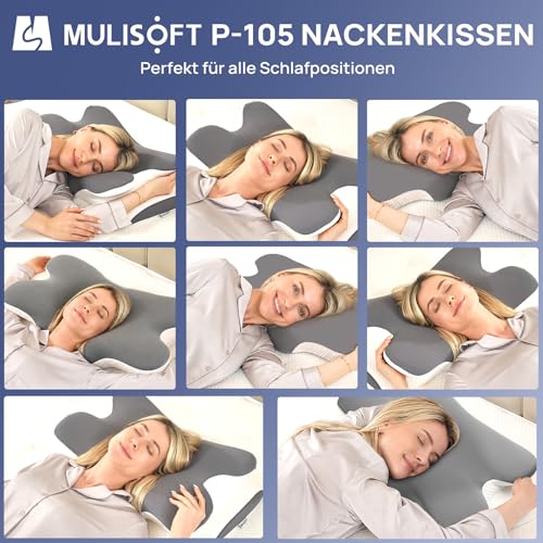 MULISOFT Neck Pillow, Memory Foam Pillow, Comfortable Pillow, Supportive Neck Pillow, Ergonomic Side Sleeper Pillow (Grey)