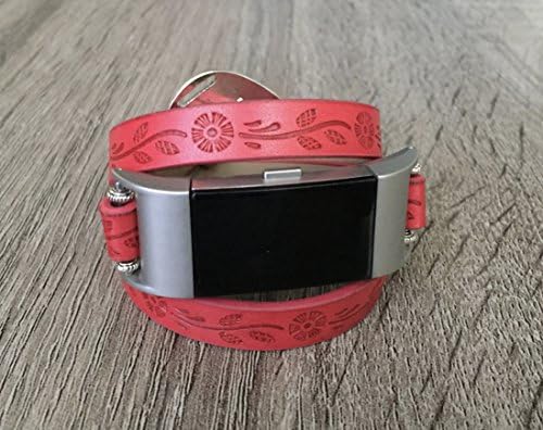 Red Vegan Leather Bracelet For Fitbit Charge 2 Fitness Tracker Handmade Multi Wrap Embossed Flowers Design Fitbit Charge 2 Band Adjustable Size Strap Fashion Luxury Wristband