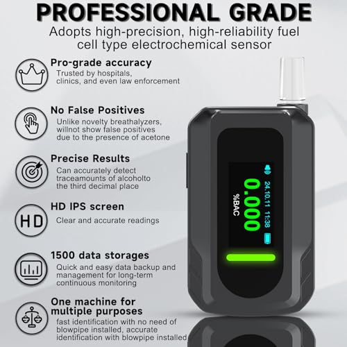 Homcoice Police Breathalyser with 10 Nozzles, Portable Approved Ethylometer with Electrochemical Sensor and USB Rechargeable, Professional Precision Alcoholemia Test for Home/Car Use