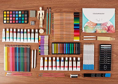 COLOUR BLOCK 181 pc All Media Wooden Case Set with Coloring Card. Quality Drawing, Painting and Coloring Set in Deluxe Gift Box. Great Christmas Gift for The Aspiring Artist.