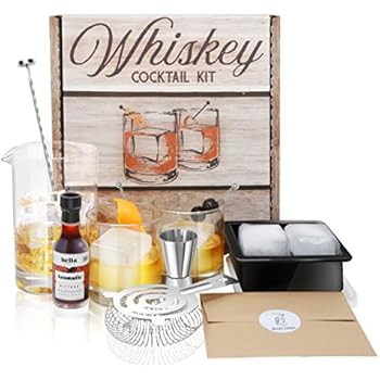 Whiskey Cocktail Kit: Rocks Drinking Glass Set | 750ml Crystal Mixing Glass | Ice Cube Mold | Stainless Bar Spoon Stirrer w/Muddler, Strainer, Jigger, Garnish Picks | Aromatic Hella Bitters | Recipes