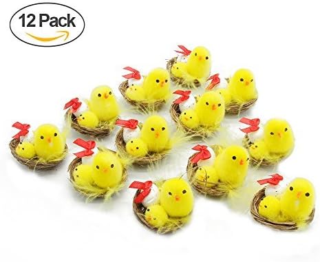 Easter Chicks, Fluffy Yellow Small Cute Easter Chenille Chicks and Egg in Nests, 12 Sets(Style 2)