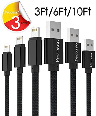 iphone Cable, Pecosso Lightning Cable : 3 Pack (10ft/6ft/3ft) Lightning to USB Fast Charging Cable, Nylon Braided Sync Cord Combination for iPhone 7/7plus/6s/6s plus/6/5s/iPad/iPod/Beats Pill - Black