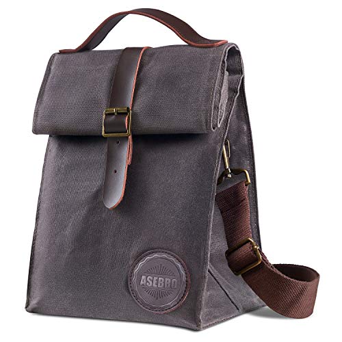 Insulated Waxed Canvas Lunch Bag by Asebbo | Lunch box for women,men with Genuine Leather Handle & STRONG Buckle-Closure to keep your food cool | Lunch tote w/Adjustable Strap (Grey Brown)