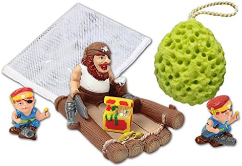 Rubber Pirate Family Bath Toy Set - 7" Non-Phthalate Vinyl Toy - Set of 4 - Bathtub Toy Storage Mesh Bag and Bath Sponge Included
