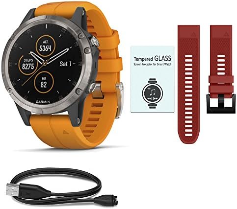 WhoIsCamera Garmin Fenix 5 Plus Sapphire Titanium w/Solar Flare Orange Band & Red Band Starter Bundle