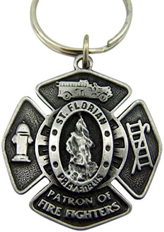 Pewter Catholic Patron Saint Florian Firefighter Shield Key Chain, 2 3/4 Inch
