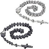 Flongo Men's Women's Vintage Stainless Steel 6mm Beads Jesus Christ Crucifix Cross Rosary Pendant Necklace, 30 inch for Men Women Christmas, New Year, Valentine's Day Jewelry Gifts