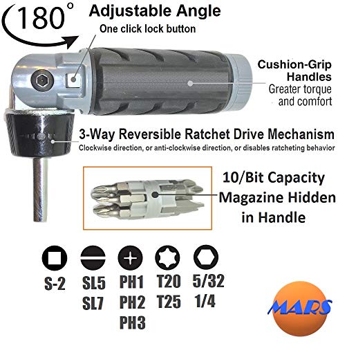 (Pack of 2) 10 in 1 Impact Multibit ADJUSTABLE ANGLE RATCHETING SCREWDRIVER SET Power Torque Grade Reversible Ratchet NONSLIP Big Rubber Handle Grip Oily Hand Work Portable Multi Bit Phillips Torx Hex