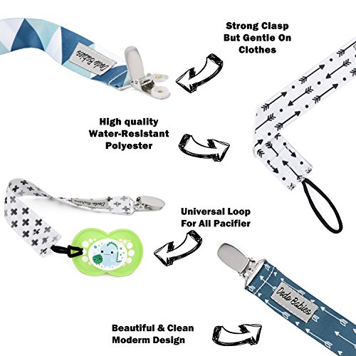 Pacifier Clip by Dodo Babies Pack of 4 PremiumQuality Modern Designs Universal Holder Leash for Pacifiers, Teething Toy or Soothie