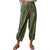 SOUWINEMYI Womens Capri Pants Cotton Linen Cropped Trousers Summer Wide Leg Drawstring High Waist Palazzo Pants with Pockets