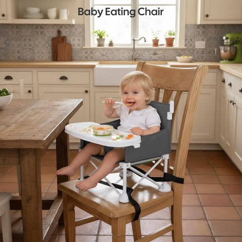 Portable Baby Chair, Foldable Toddler Booster Seat, with Removable Tray, Canopy and Safety Harness, Baby Sit up Chair, Portable Seat for Kitchen Chair (Gray)