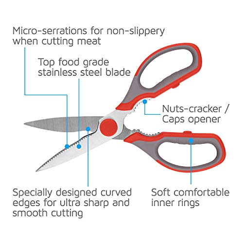 Multifunction Kitchen Scissors 2-Piece Set WELLSTAR, Heavy Duty Food Shears for Chicken Meat Vegetable Fish Herb Poultry Stainless Steel Cooking Scissors with Comfortable Handle Scissors Set (Red)