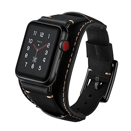 LoveBlue for Apple Watch Band 42mm, iwatch Band Apple Watch Genuine Leather Band Replacement Strap with Stainless Steel Clasp for Series 3/Series 2/Series 1 (42mm-Crazy Horse Leather Black)