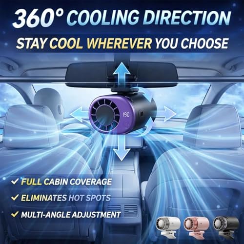 Car Clip On Air Conditioner Fan with LED Display - 360° Rotation, Portable Mini Cooling System for Auto Vehicle USB Rechargeable, 199 Speeds Adjustable, 16℃ Semi-Cooling Wide Clamp (White)