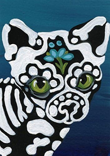 Day of the Dead Original Miniature Painting Cat Kitty Green Eyes-Free Shipping-Carla Smale