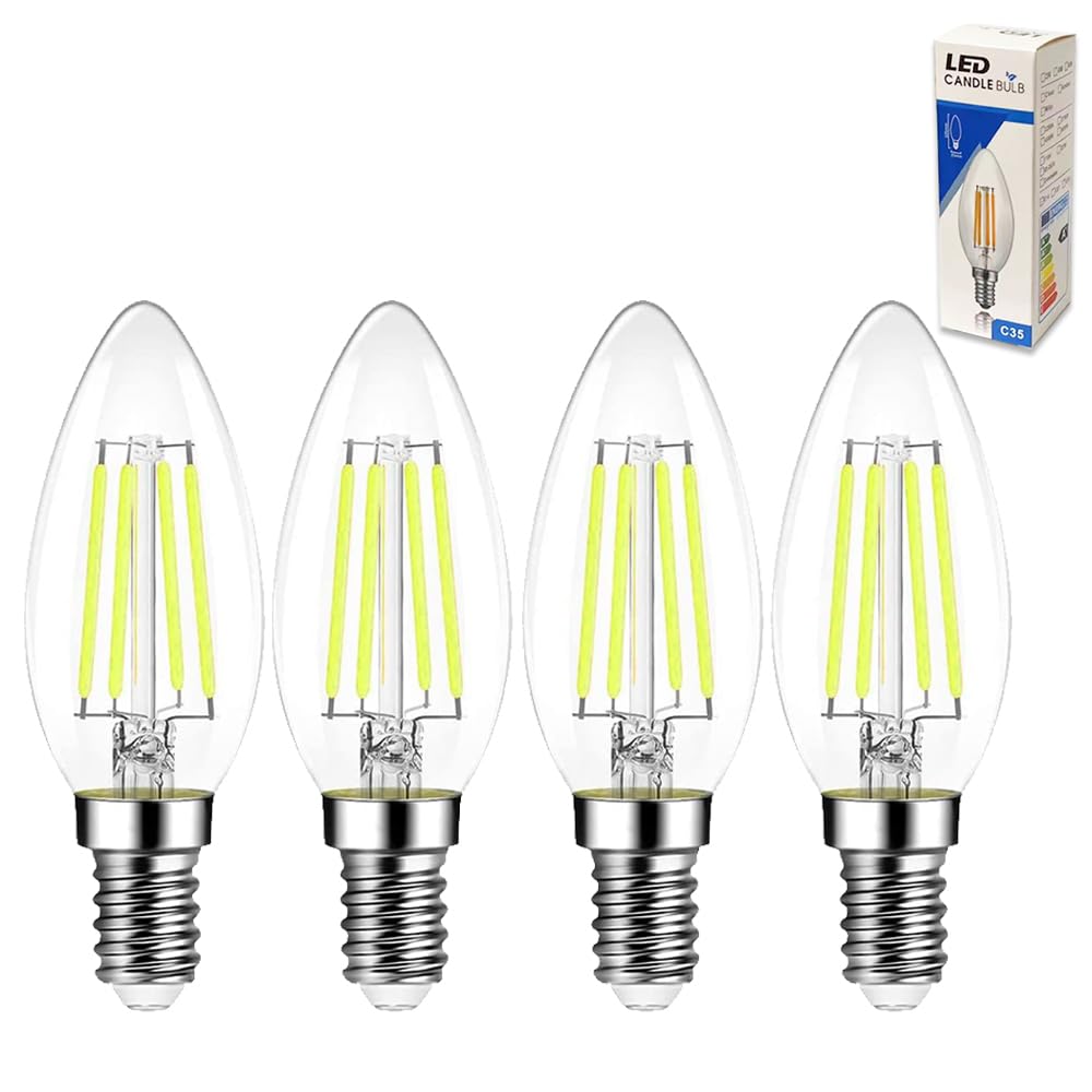 Xnordcaper C35 E14 Dimmable LED Candle Light Bulbs, 4W LED Filament Candle Light Bulb Clear Glass 6000k Cool White C35 SES Small Edison Screw Bulbs, 40W Equivalent, Pack of 4 — image 1