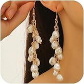 Boho Long Tassel Delicate Beaded Pearl Dangle Drop Earrings for Women, Vintage White Bead Baroque Pearls Cluster Earring Unique Prom Party Jewelry Gift
