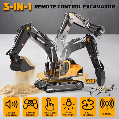 GraceDuck RC Excavator Toy 3 in 1 Remote Control 2.4GHz - Beach and Construction Toys with Alloy Shovel, Crusher and Claw, 680° Spin, Construction Vehicle for Kids Ages 6-12