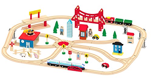 Kids Destiny Deluxe Wooden Railway Set with Vocal Sound and Lots of accessories (130+ pcs) - 100% Compatible with All Major Brands Including Thomas Wooden Railway System