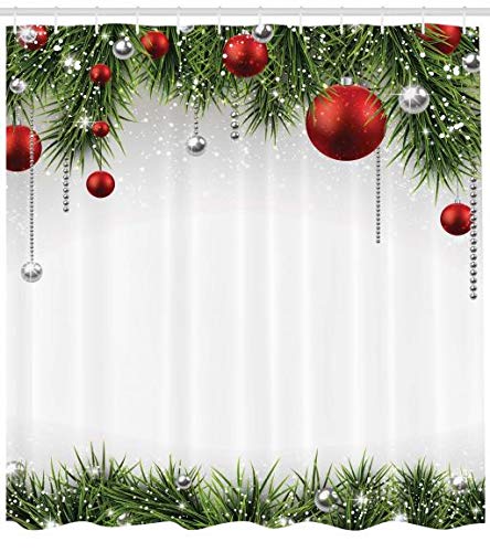ABAKUHAUS Christmas Shower Curtain, Classical Christmas Ornaments and Baubles Coniferous Pine Tree Twig Tinsel Print, Cloth Fabric Bathroom Decor Set with Hooks, 78 Inches, Green Red