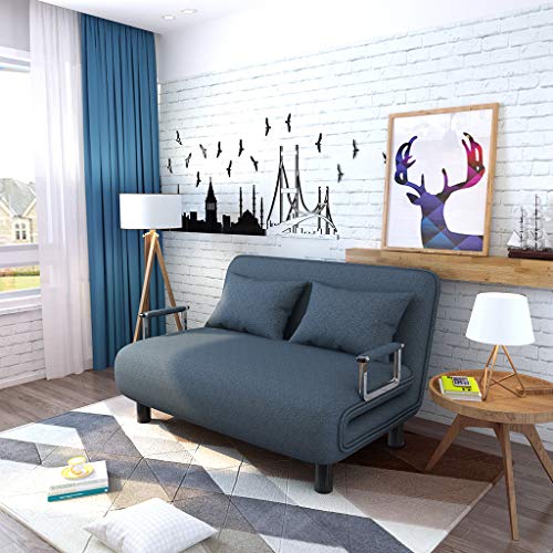 Convertible Sofa Bed Folding Arm Chair Sleeper, 5 Position Recliner Full Padded Lounger Couch Bed for 2 Person, Mental Frame with Detachable Armrest Cover Home Office Furniture with Pillow