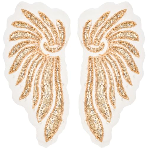 CABODYALS 2Pcs 2 Styles Angel Wings Applique 3D Gold Sequin Lace Appliques Rhinestone Pearl Beaded Large Embroidered Sew on Tulle Patches for Sewing Making Crafts Clothes Bag Dresses Supply