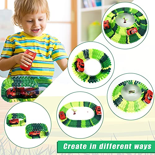 Dinosaur Toys Race Track Set 239 PCS , Flexible Train Tracks with With 1 elevator, 1 spray dinosaur,1 Ferris wheel (360 Degree Rotation),1 Bridge,2 Electric Cars ,Best Gift for kids Boys and Girls