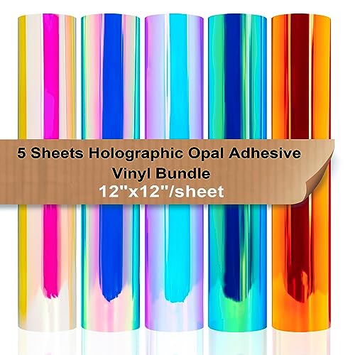 VINYL FROG Holographic Chrome Craft Adhesive Vinyl Pack 5 Sheets 12"x12" (5 Sheets) Multi Opal Rainbow Colors for Cameo and Other Craft Cutters for Decoration