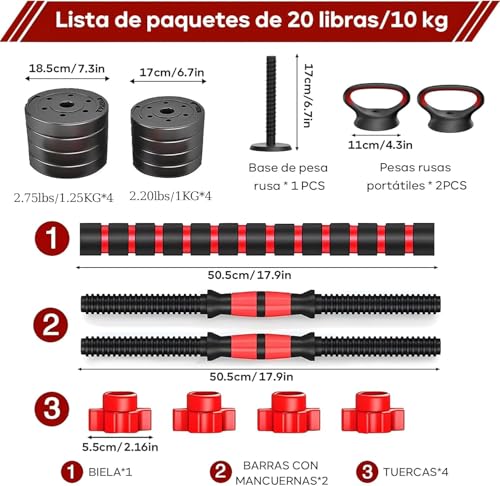 Kit de Pesas y Mancuernas, Barras para Ejercicio Multiusos,10/15 KG Set de Mancuernas Ajustables con 4 Modos como Barra, pesas rusa y mas combinaciones para Hombres/Mujeres