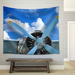 Old Biplane Against Blue Sky, Vintage Background, Close Up - Fabric Wall Tapestry Home Decor - 51x60 inches