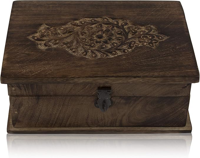 The Great Indian Bazaar Handmade Decorative Wooden Jewellery Box With Free Lock & Key Jewellery Organizer Keepsake Box Treasure Chest Trinket Holder Lock Box Watch Box 8 x 6 Inch Home Decor
