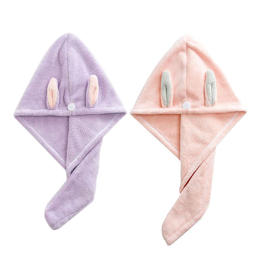 2 Pack Rabbit Ears Hair Turban Super Absorbent Turban Quick Dry Turban with Button for Women Girl Purple and Pink