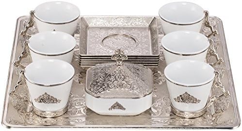 Royal Dore High End Stunning Espresso Turkish Greek Coffee Serving Set with Cups Saucers Sugar Bowl &amp; Tray in Gift Box (Silver) by Royal Dore