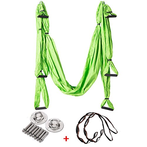 Aerial Yoga Hammock , MTFY Swing / Flying / Inversion Equipment for Yoga Fitness with Ceiling Hook and Extension Straps Climbing Strap Adjustable (Green)