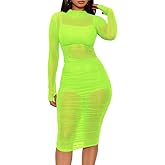 Tenkghsa Finger Sleeve See-Through Ruched Mesh Dress Tight Fitted Ruched Summer Beach Bodycon Dress Women 3 Piece Outfits