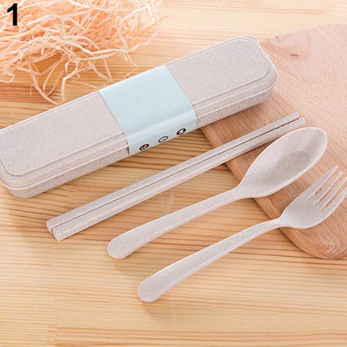 Baost 3Pcs/Set Portable Tableware Set Wheat Straw Spoon Fork Chopsticks Travel Cutlery Set Kids Dinnerware Reusable Utensils with Case for Travel, Lunch Box and Camping
