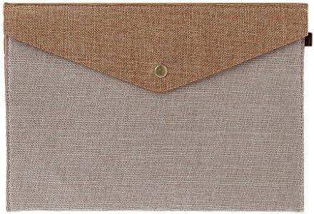 BecauseOf Linen Canvas Envelope File Folder, A4 Paper File Bag Document Holder, with Stainless Steel Button (Khaki, Large)