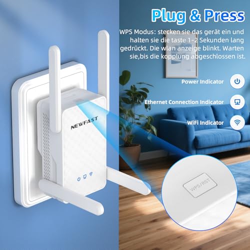 NEWFAST WLAN Verstärker,3000Mbps WLAN Repeater WiFi 6 Extender mit 4 Schwenkbare Antenne,WPS,MU-MIMO,Unterstützung Repeater/Router/Ap Modus für Zuhause und Büro,1-Tippen Einrichten,Signalstabilität