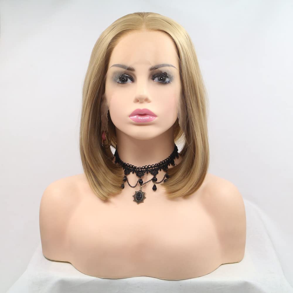 Xiweiya Wigs 14" Inches Straight Short Bob Wig Golden Brown Hair Synthetic Lace Front Wig Blonde Color with Middle Part Heat Resistant Fiber Hair for Women,Drag Queen Family Makeup Party Wear