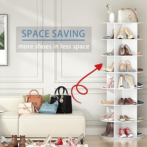 7 Tier Rotating Shoe Rack Tower, Vertical Spinning Shoes Display Rack, Shoe Storage Round Carousel, Revolving 360° Shoe Closet organizer, White 58 * 58 * 160Cm
