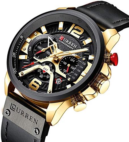Luxury Men’s Gold-Tone Watch Analog Quartz Military Waterproof Wrist Watches for Men Leather Band 24 Hours Chronograph Black