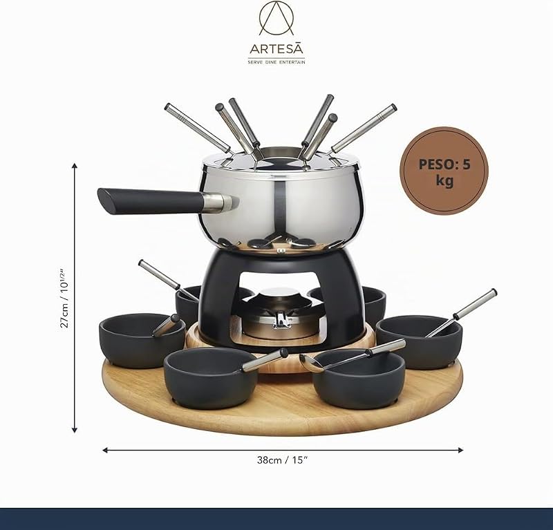 Conjunto de Fondue para Gira-discos Artesà Lazy Susan, Tacho de Fondue em Aço Inoxidável com Fogão, Recipientes e Utensílios, Conjunto de 22 Peças, Preto