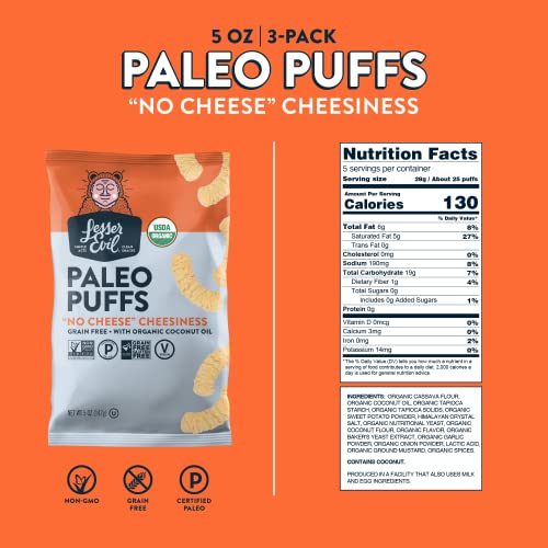 LesserEvil No Cheese Cheesiness Organic Paleo Puffs, Grain Free, Vegan