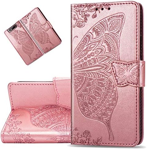MRSTERUS Samsung Galaxy A80 Flip Case with Card Holder, Flower Butterfly Design,Patterned Faux Leather Phone Cover with Magnet Kickstand & Wrist Strap for Galaxy A80 / Galaxy A90 (Rose Gold) SD