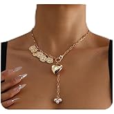 Chunky Gold Puffy Heart Lariat Necklaces for Women,Vintage Punk Pearl Coin Beaded Statement Choker Necklace,Trendy Jewelry Accessories Gifts